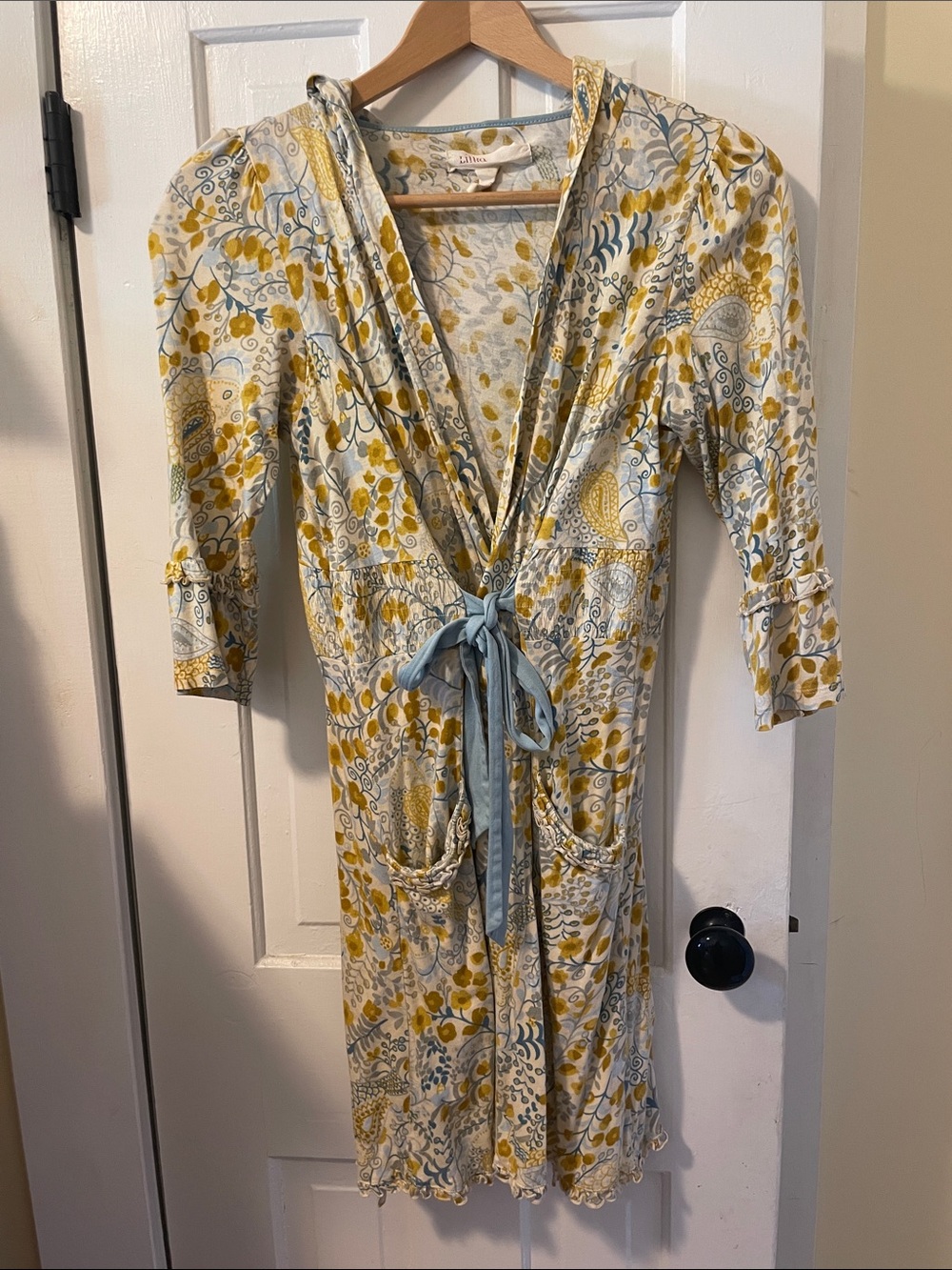 Anthropologie Floral Robe with Blue Tie